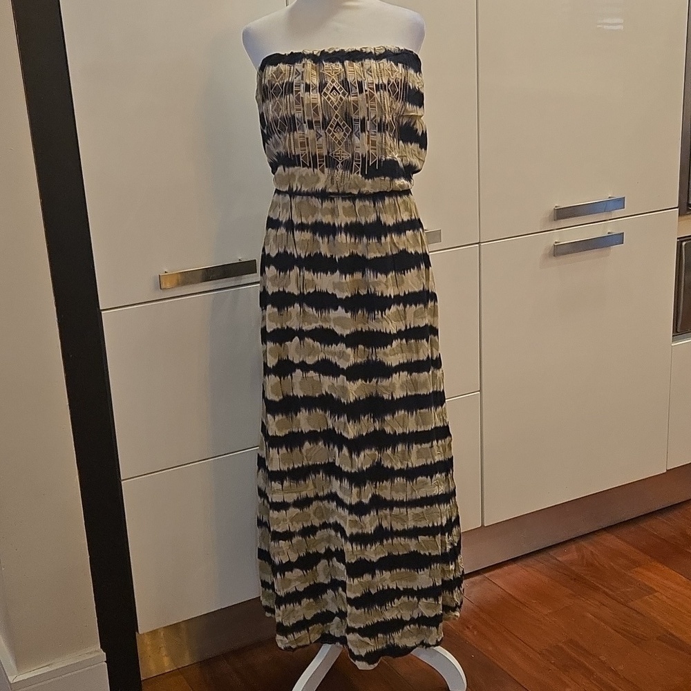 NWT Solitaire Strapless Embroidered Maxi Sun Dress Brown Black Womens Size Large